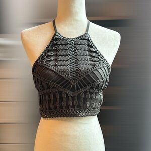 H&M Black Macramé Halter Crop Top